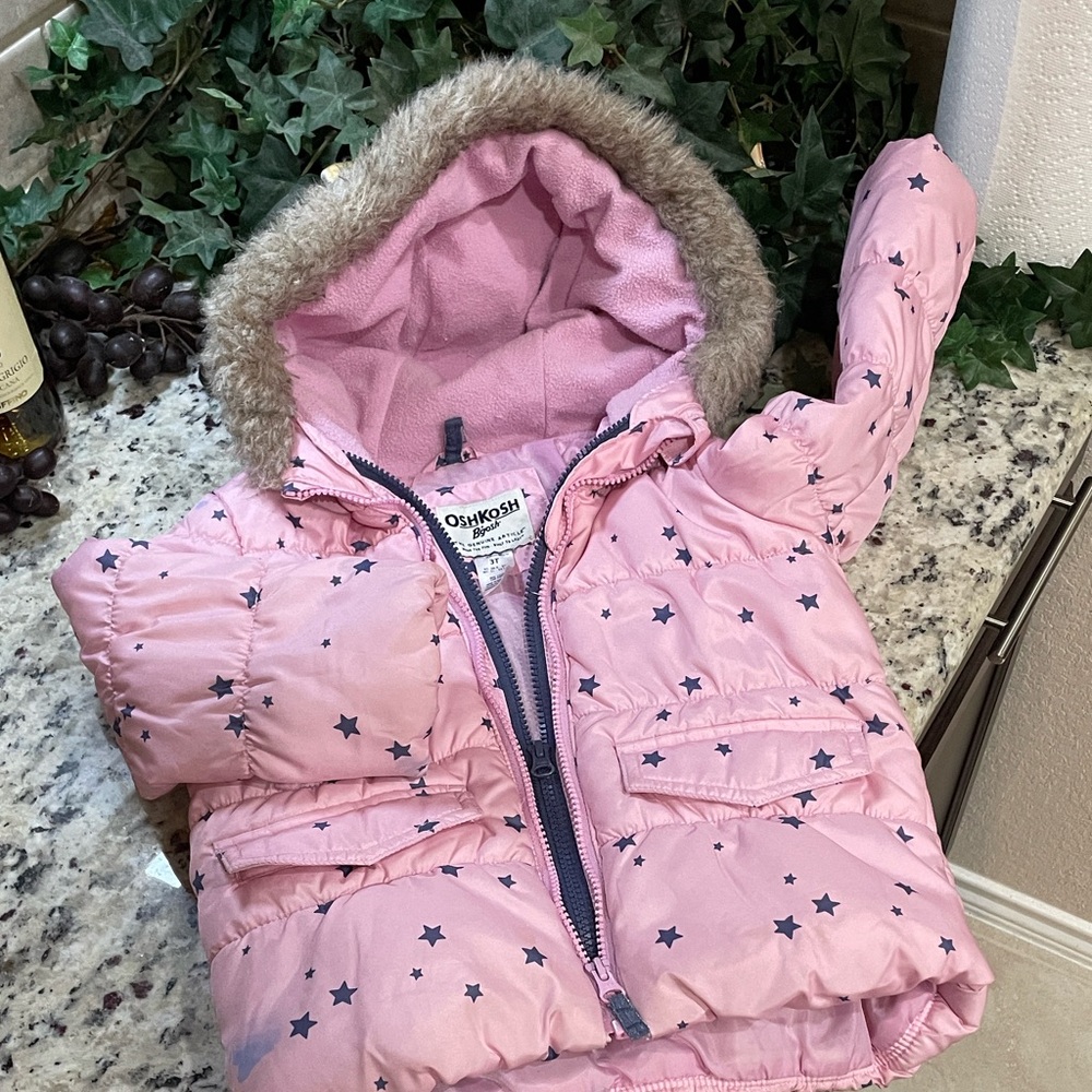 💖 OshKosh 💖 Pink blue Star Puffer hooded Jacket Toddler girl 3T *flaw Like New
